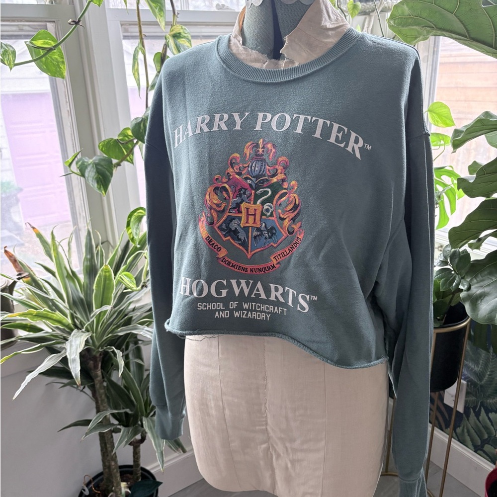 Harry Potter Hogwarts Crest Cropped Sweatshirt - Sage Green - Size M